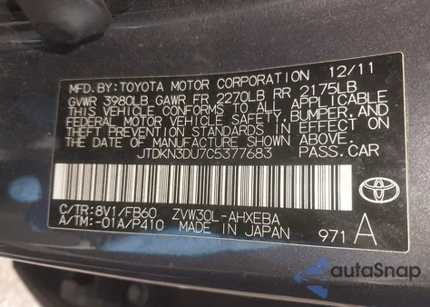 2012 Toyota Prius Three from USA, damaged, VIN JTDKN3DU7C5377683